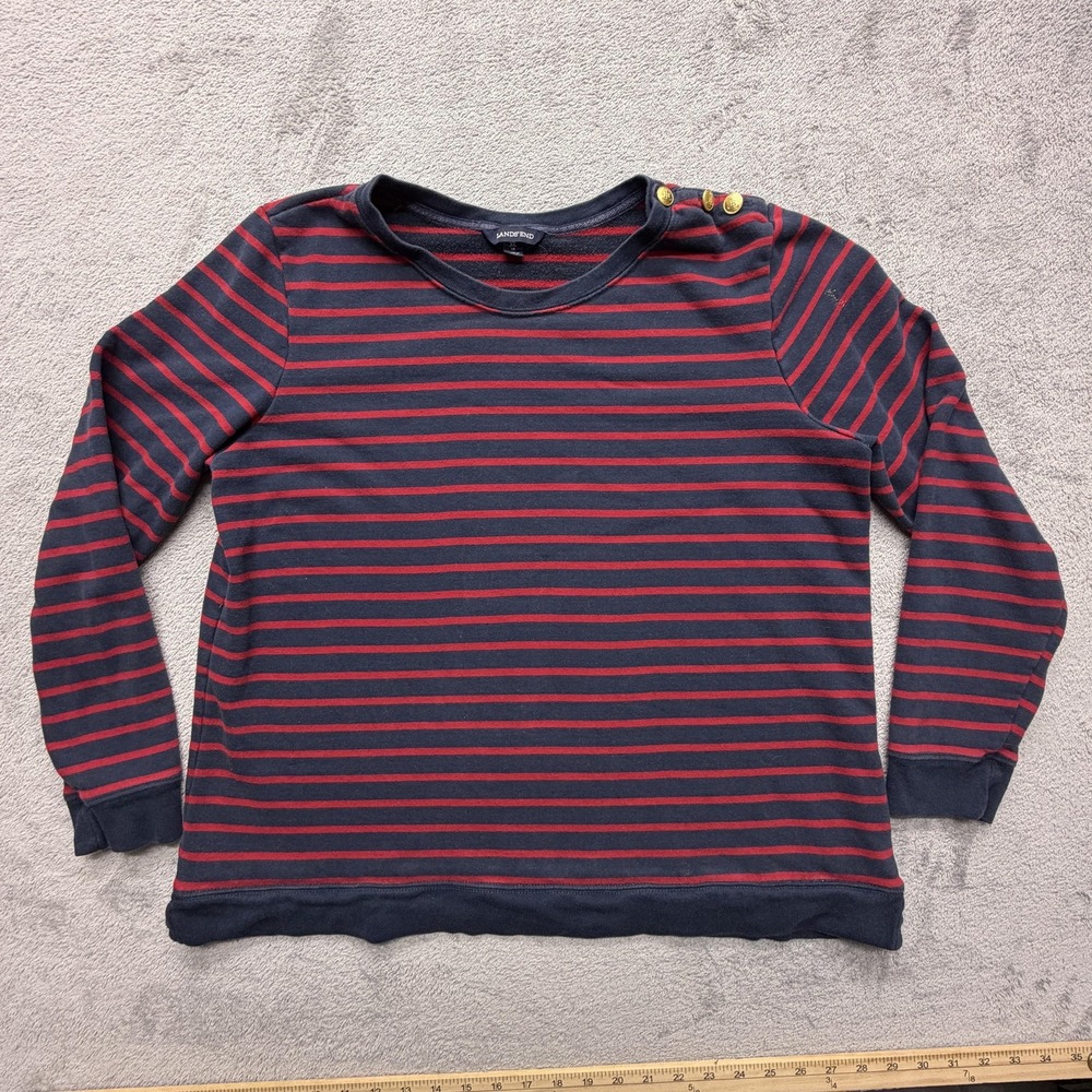Lands End Shirt Womens XL Navy Red Stripe Button Shoulder Cotton‎ Blend Pullover